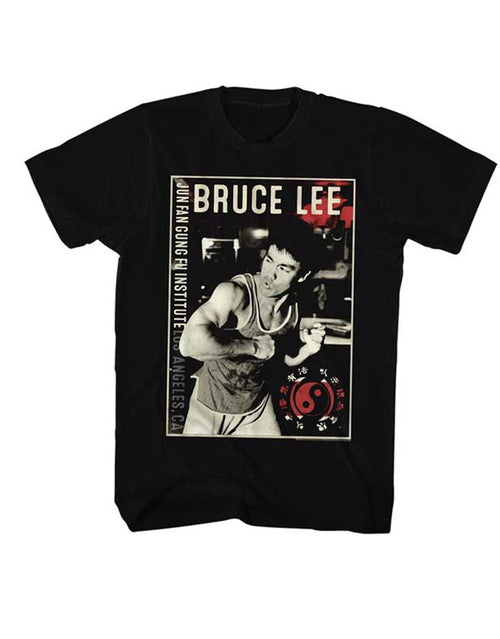 Bruce Lee training Los Angeles graphic on a black adult t-shirt.