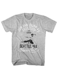 Bruce Lee est 1960 graphic on a heathered grey adult t-shirt.