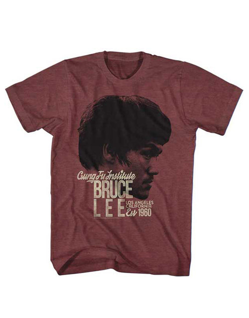 Bruce Lee Los Angeles 1960 vintage graphic on a heathered maroon adult t-shirt.