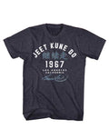 Bruce Lee jeet kune do 1967 graphic on a heathered navy blue adult t-shirt.