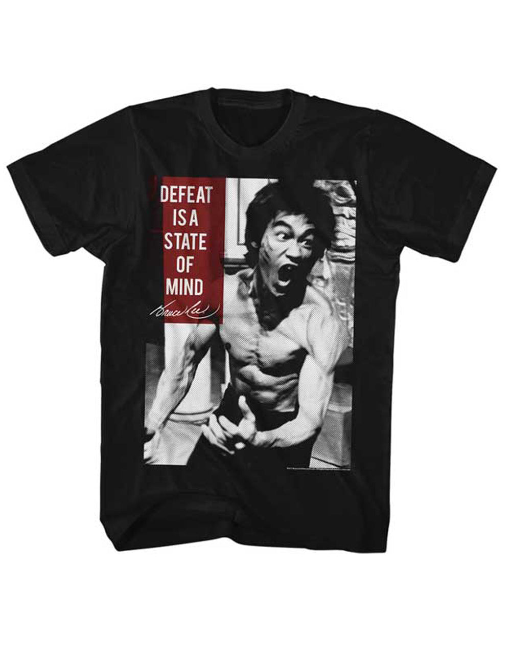 Bruce Lee state of mind graphic on a black adult t-shirt.