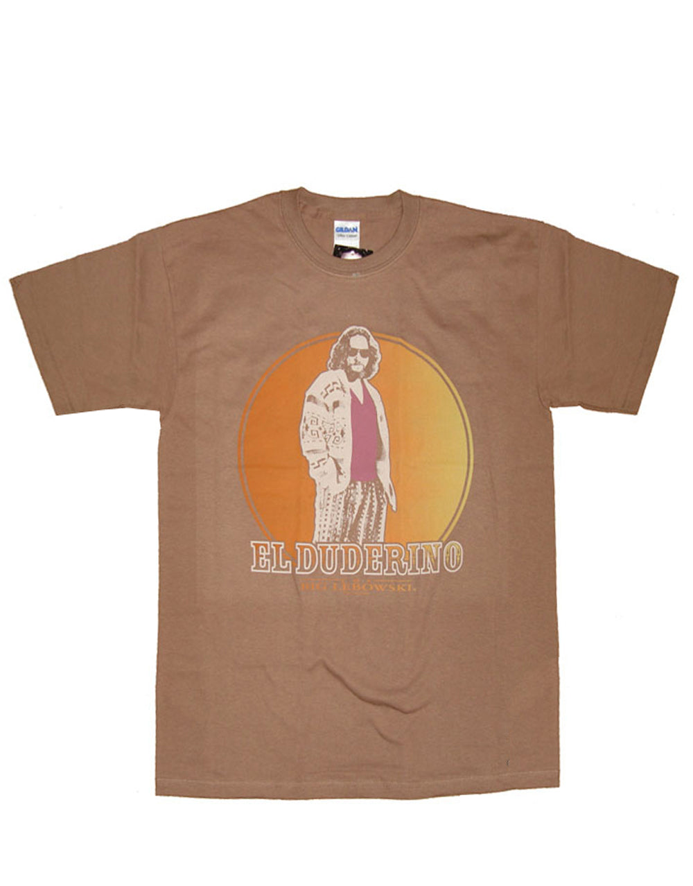 The Big Lebowski "El Duderino" vintage text art design on a brown adult t-shirt.