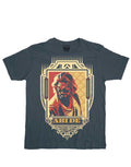 The Big Lebowski "The Dude Abides" shield crest logo graphic on a grey adult t-shirt.