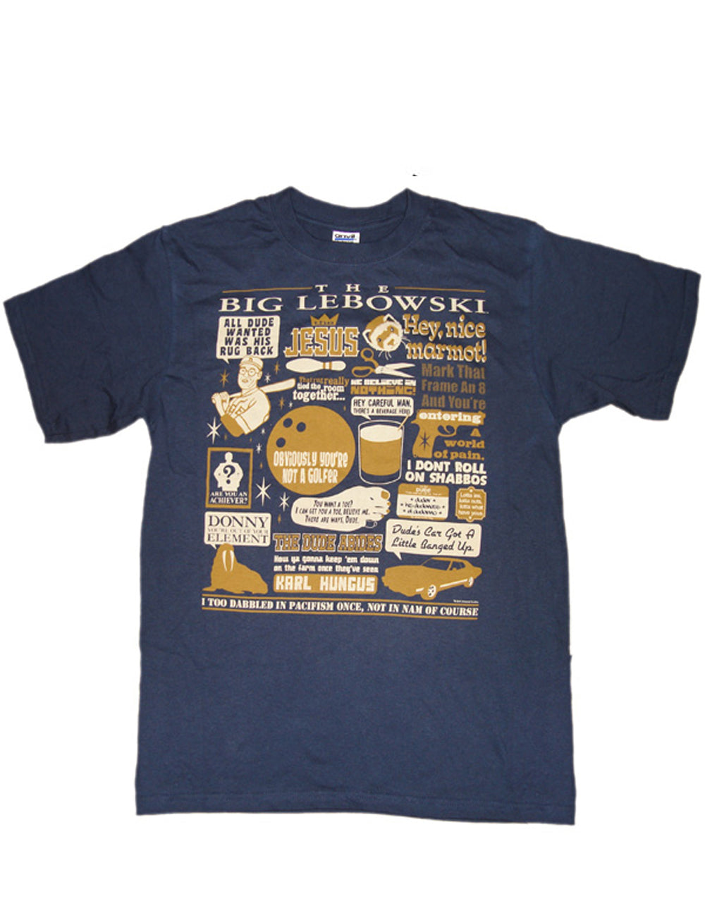 The Big Lebowski classic movie quotes mashup graphic layout on a navy blue adult t-shirt.
