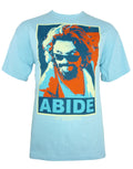 The Big Lebowski "The Dude Abides" retro artistic poster design on a light blue adult t-shirt.