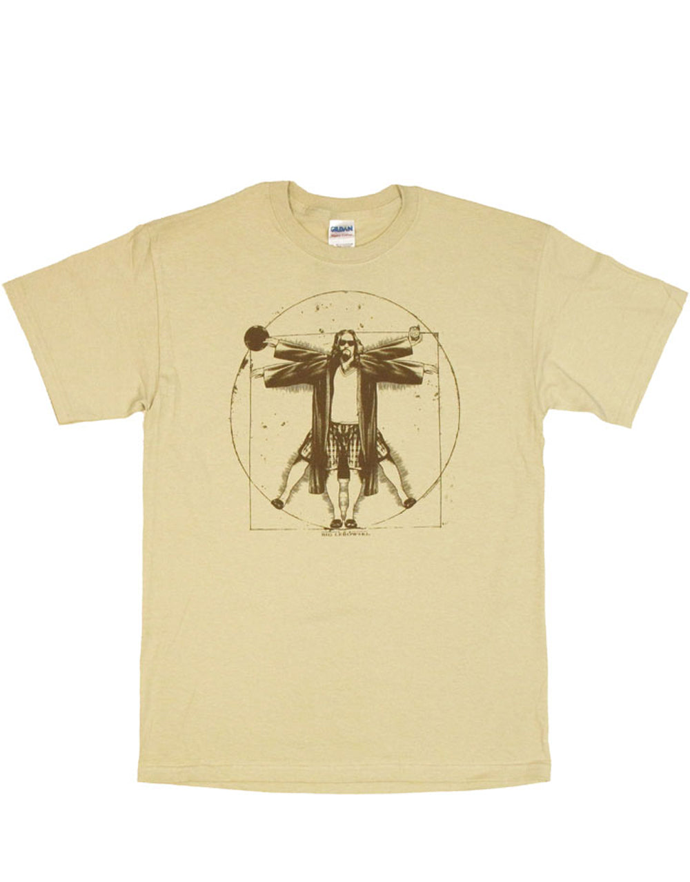 The Big Lebowski "The Dude" in a Vitruvian Man parody design on a beige adult tee.