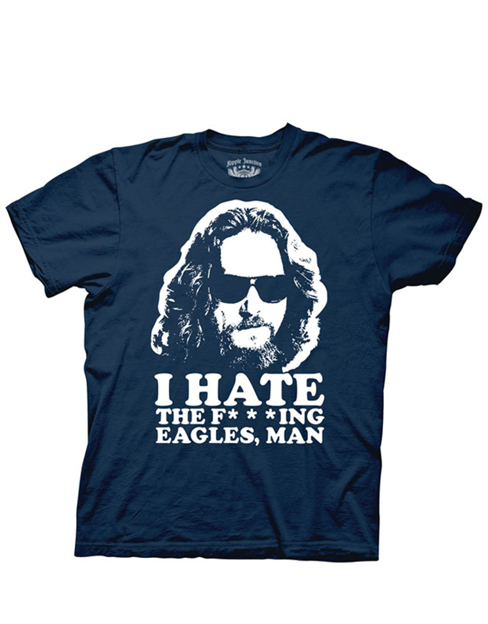 The Big Lebowski "The Dude" Eagles band hate quote graphic on a navy blue adult t-shirt.