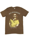 The Big Lebowski "His Dudeness" quote text design on a heathered brown adult t-shirt.
