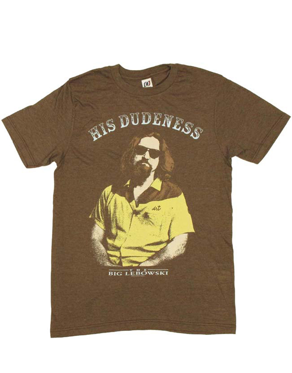 The Big Lebowski "His Dudeness" quote text design on a heathered brown adult t-shirt.