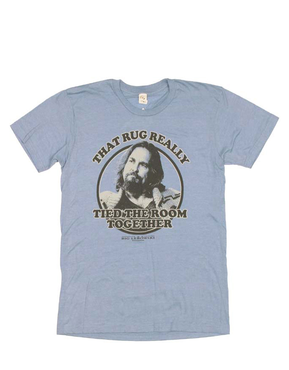 The Big Lebowski "That rug really tied the room together" quote graphic on a heathered blue adult t-shirt.