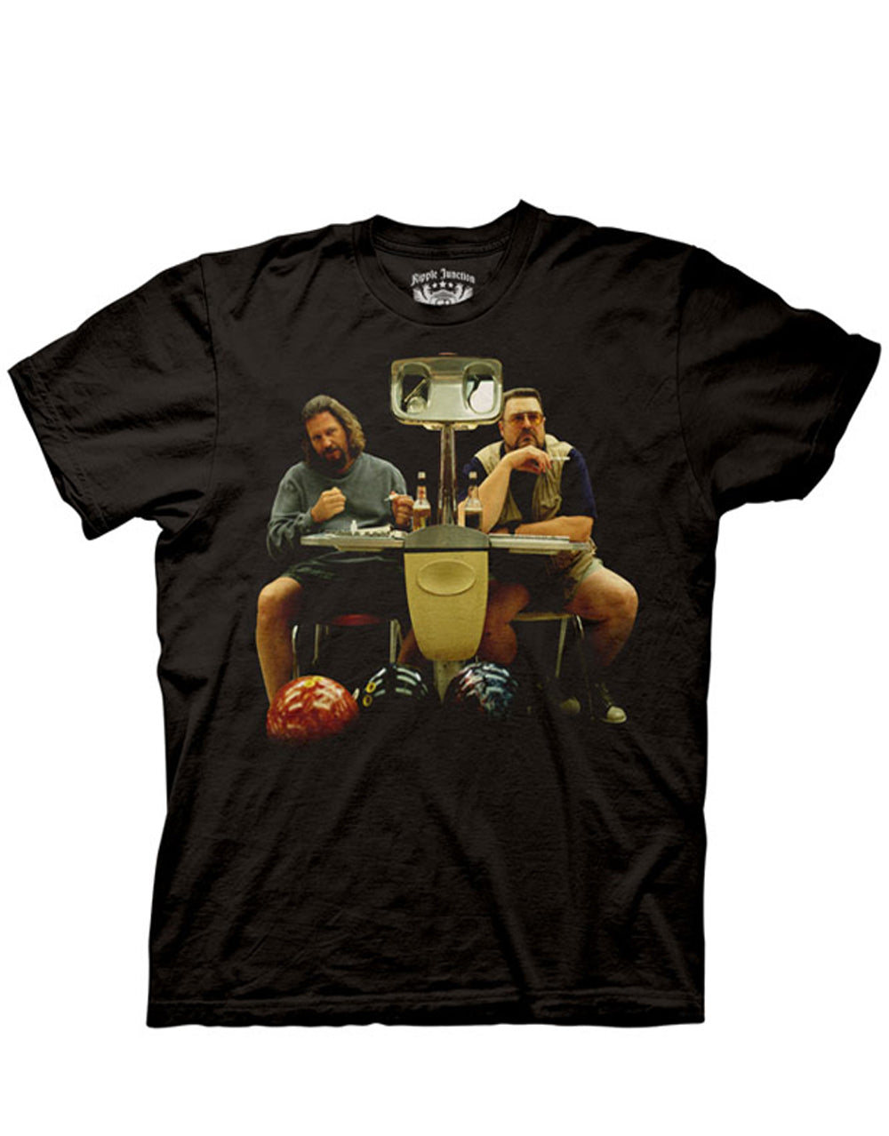 The Big Lebowski bowling crew "Rollers" photo graphic on a black adult t-shirt.