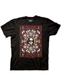 The Big Lebowski iconic rug pattern and character graphic on a black adult t-shirt.