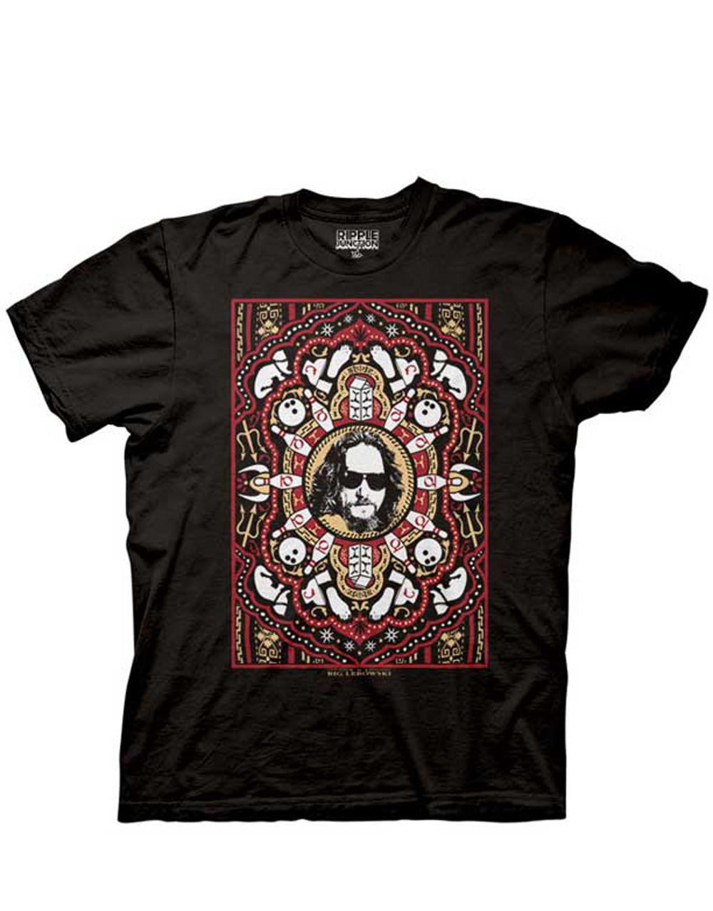 The Big Lebowski iconic rug pattern and character graphic on a black adult t-shirt.