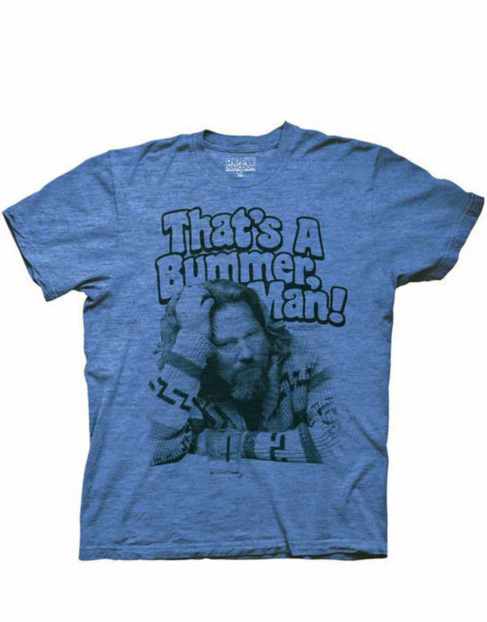 The Big Lebowski "The Dude" bummer scene graphic on a blue adult t-shirt.