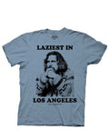 The Big Lebowski "The Dude, the Laziest in Los Angeles" quote design on a blue adult shirt.