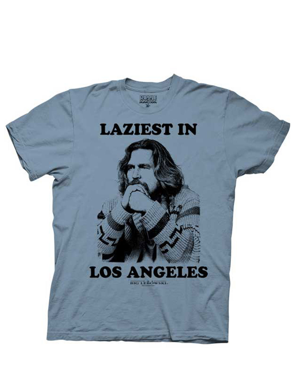 The Big Lebowski "The Dude, the Laziest in Los Angeles" quote design on a blue adult shirt.
