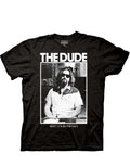The Big Lebowski "The Dude" photo print graphic on a black adult t-shirt.