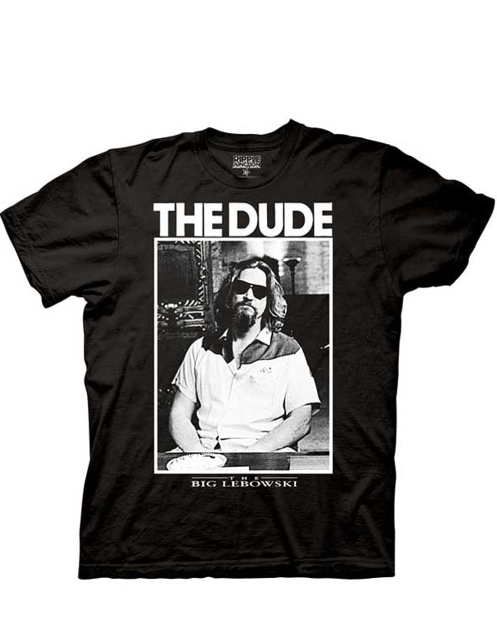 The Big Lebowski "The Dude" photo print graphic on a black adult t-shirt.