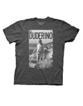 The Big Lebowski "El Duderino" quote typography on a heathered charcoal grey adult t-shirt.