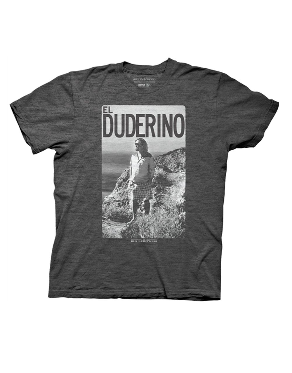 The Big Lebowski "El Duderino" quote typography on a heathered charcoal grey adult t-shirt.