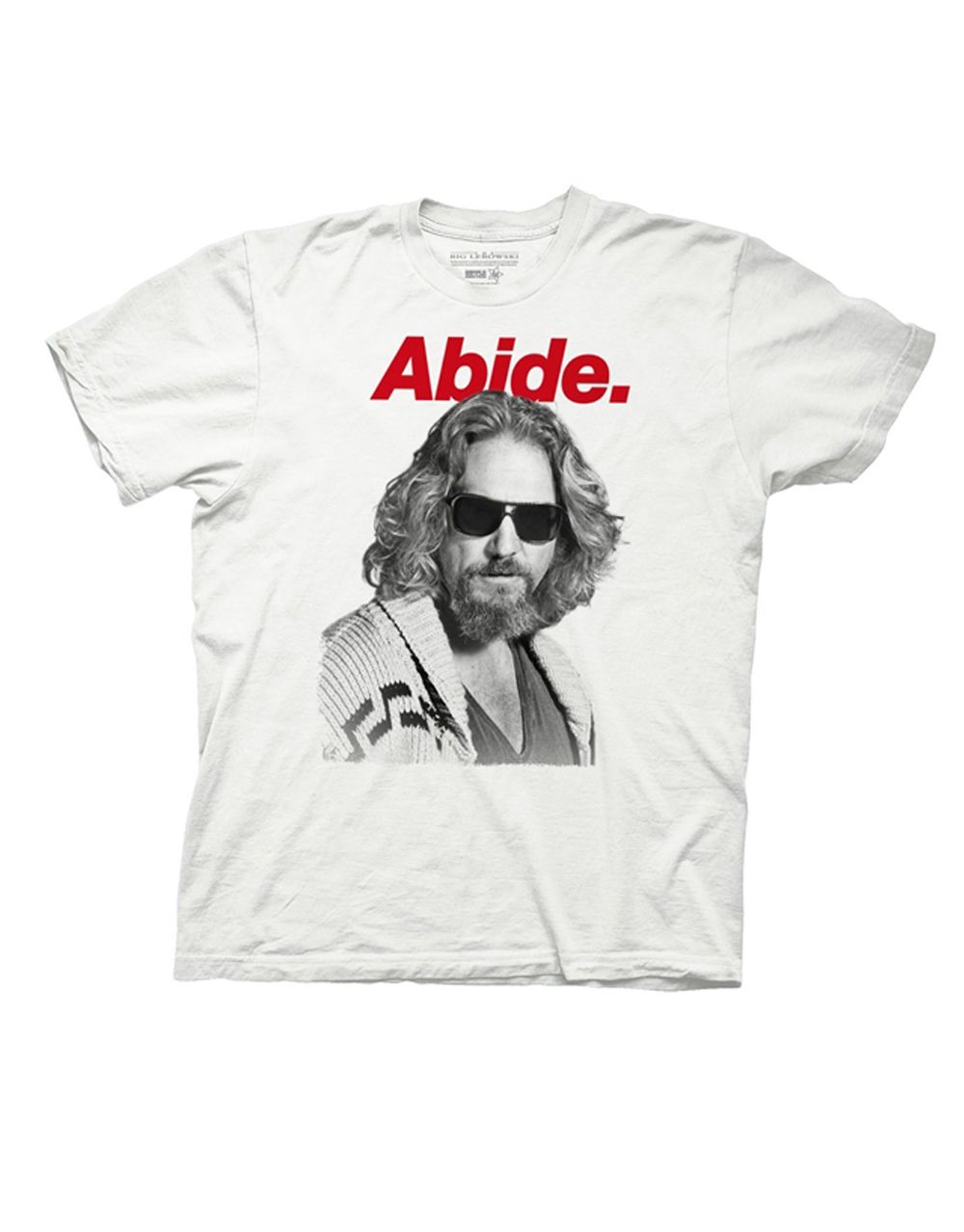 The Big Lebowski "Adide Dude" logo parody graphic on a white adult t-shirt.