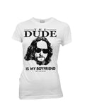 The Dude boyfriend graphic on a white women's t-shirt.