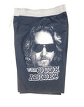 The Dude graphic on a navy adult board shorts.