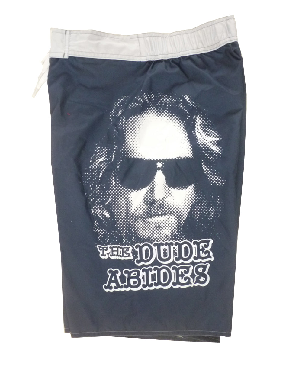 The Dude graphic on a navy adult board shorts.