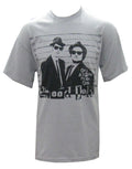 The Blues Brothers mission from god graphic on a grey adult t-shirt.