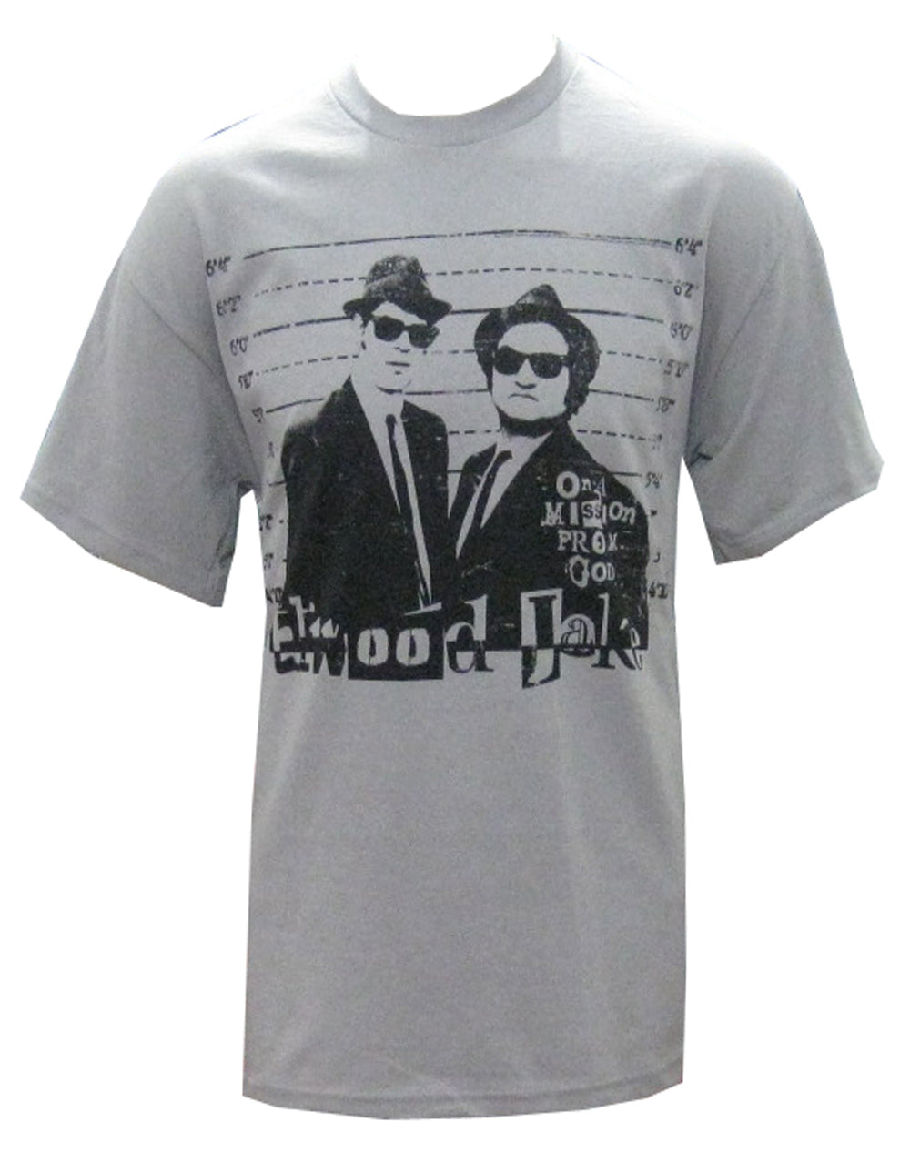 The Blues Brothers mission from god graphic on a grey adult t-shirt.