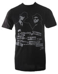 The Blues Brothers 106 miles to chicago graphic on a black adult t-shirt.