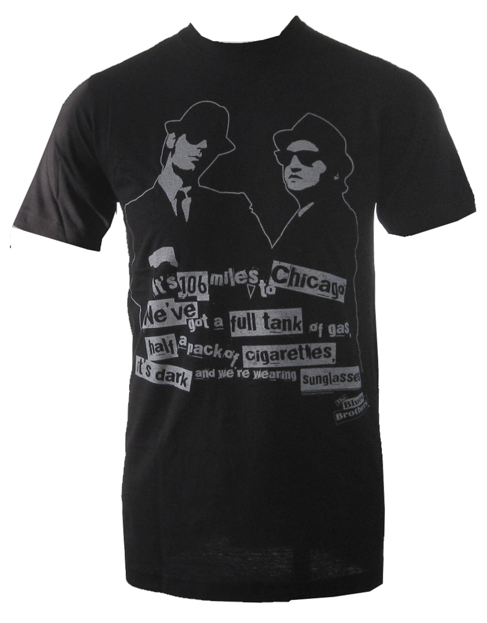 The Blues Brothers 106 miles to chicago graphic on a black adult t-shirt.