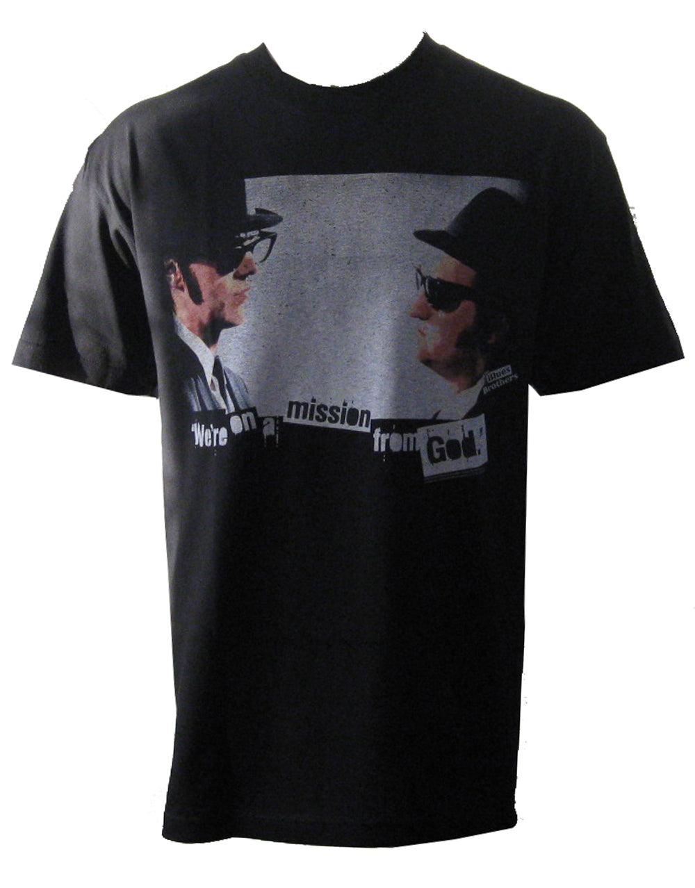 The Blues Brothers mission from god graphic on a black adult t-shirt.
