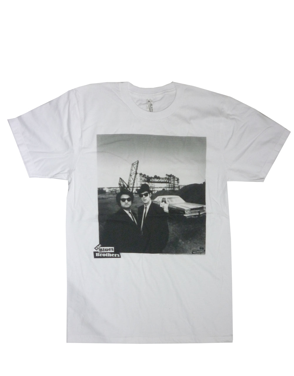 The Blues Brothers hip graphic on a white adult t-shirt.