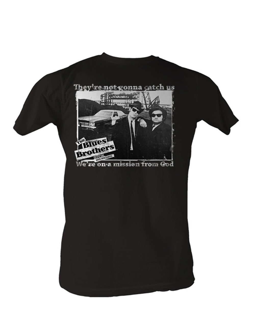 The Blues Brothers catch us graphic on a black adult t-shirt.