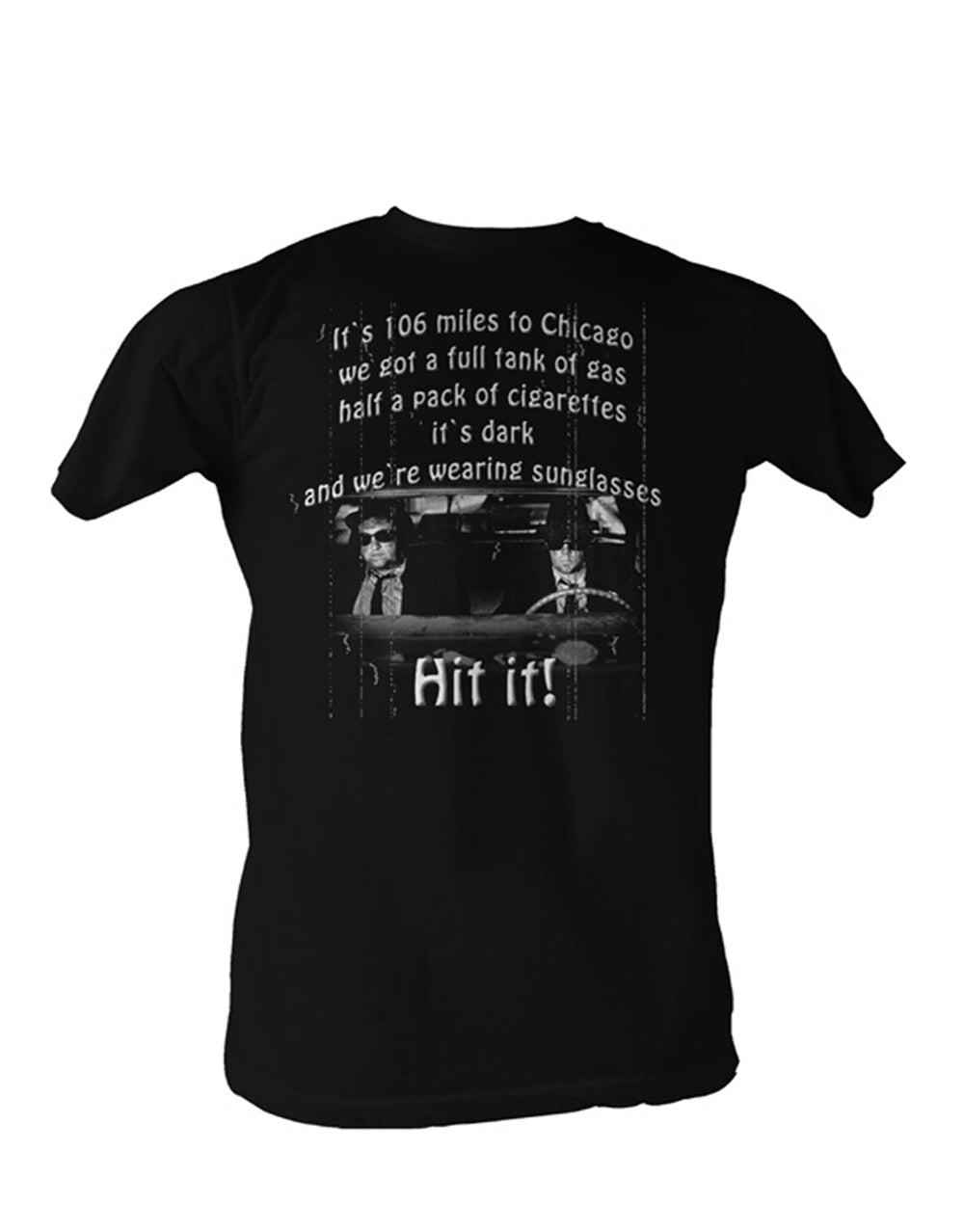 The Blues Brothers 106 miles graphic on a black adult t-shirt.