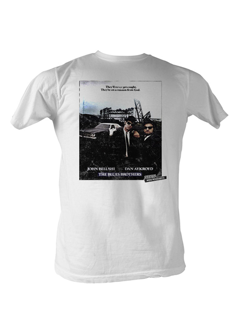 The Blues Brothers poster graphic on a white adult t-shirt.