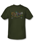 Joker circle graphic on a green adult t-shirt.