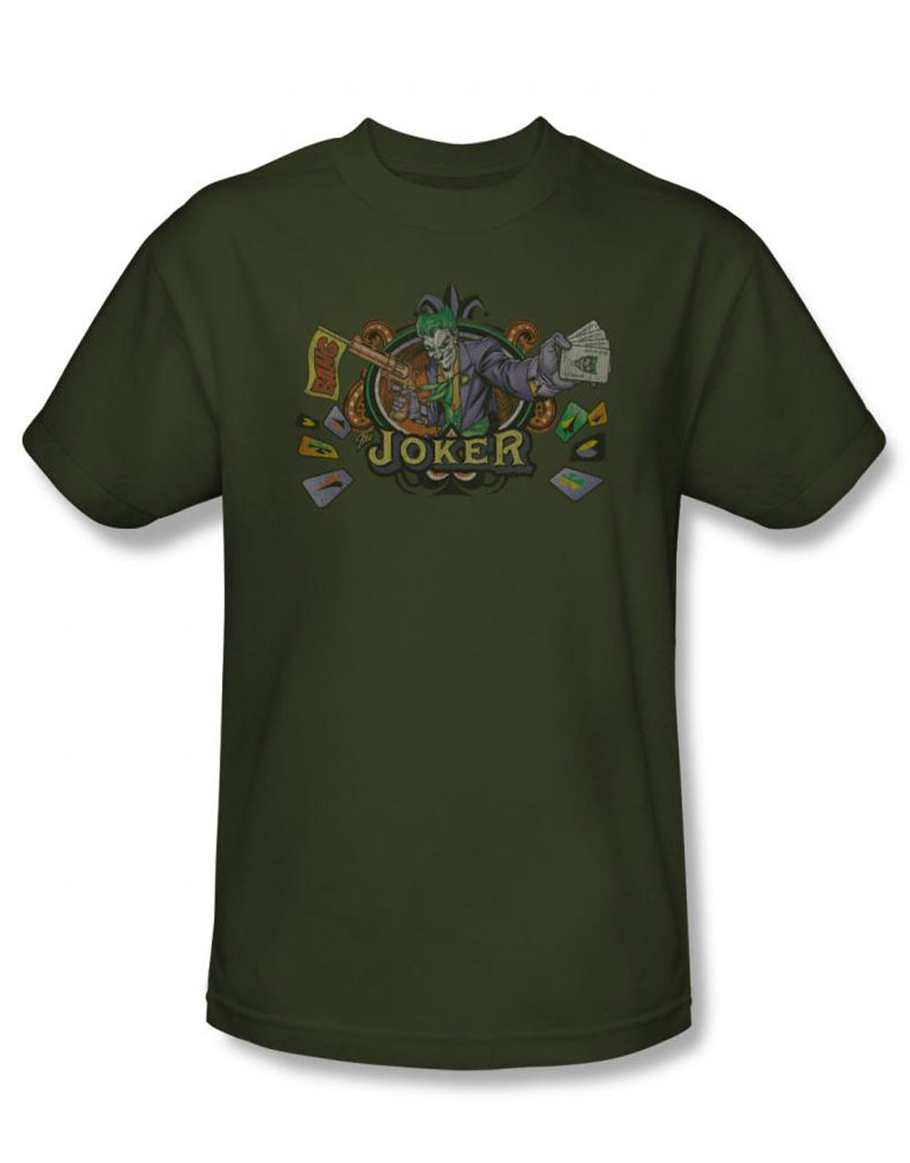 Joker circle graphic on a green adult t-shirt.