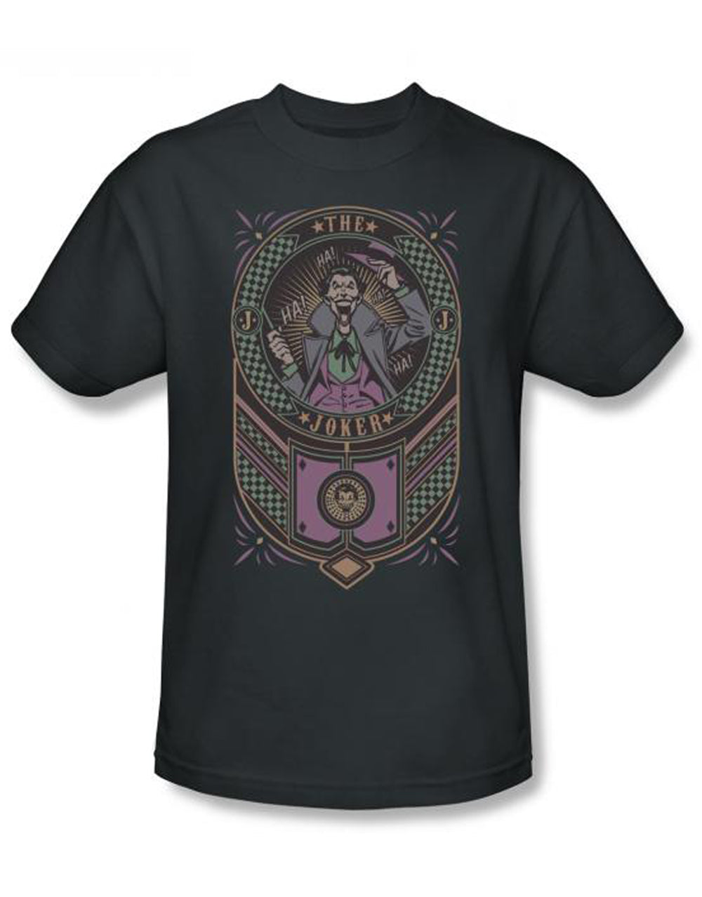 Joker fancy graphic on a purple adult t-shirt.