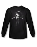 The Dark Knight dark Joker graphic on a black adult long sleeve top.