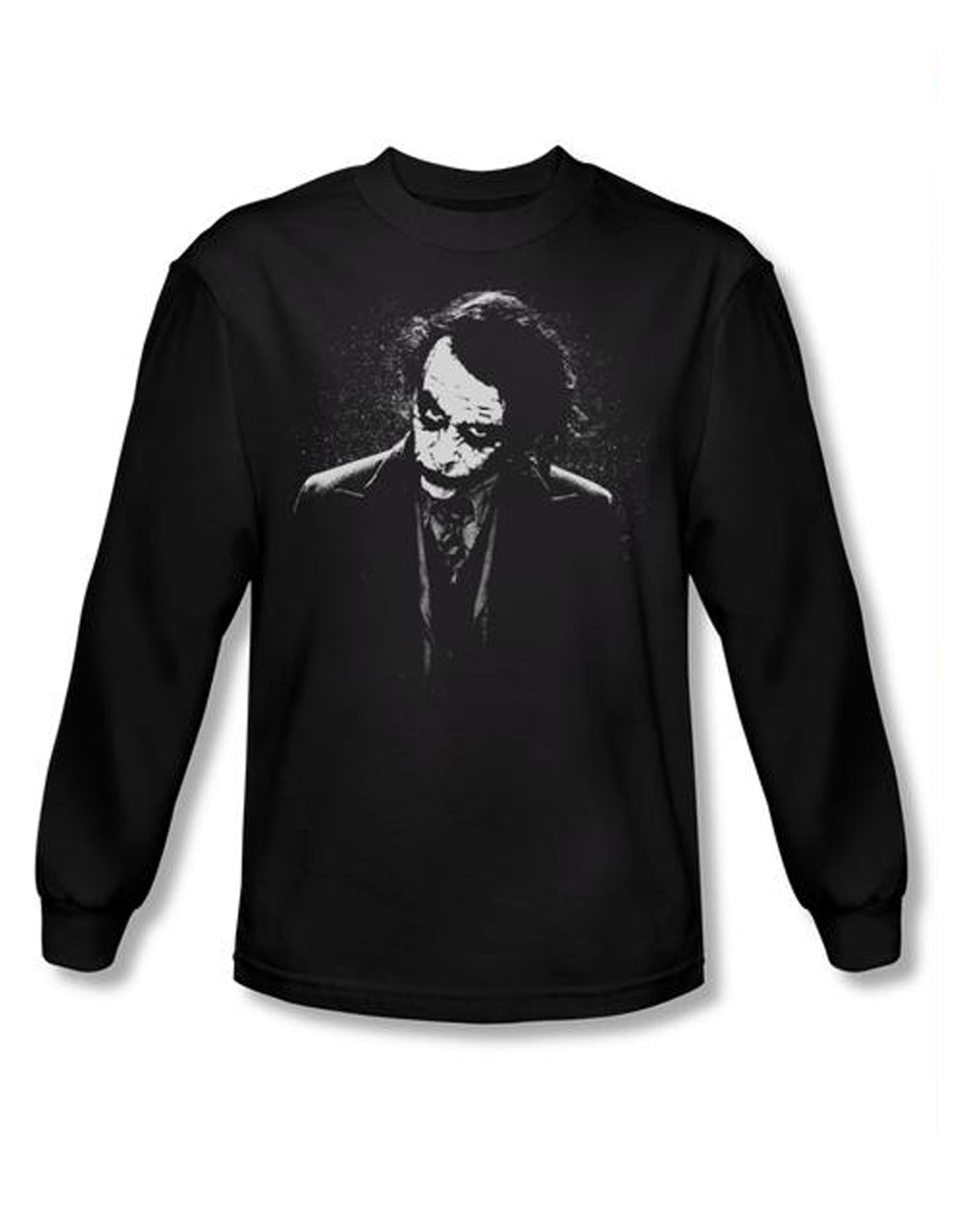 The Dark Knight dark Joker graphic on a black adult long sleeve top.
