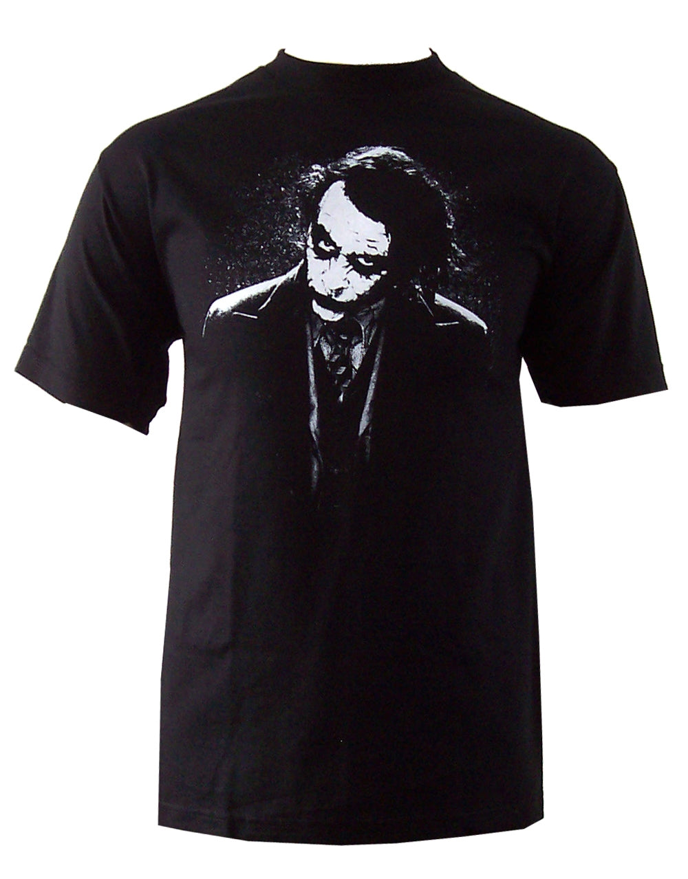 The Dark Knight dark Joker graphic on a black adult t-shirt.
