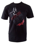 Dark Knight stance graphic on a black adult t-shirt.