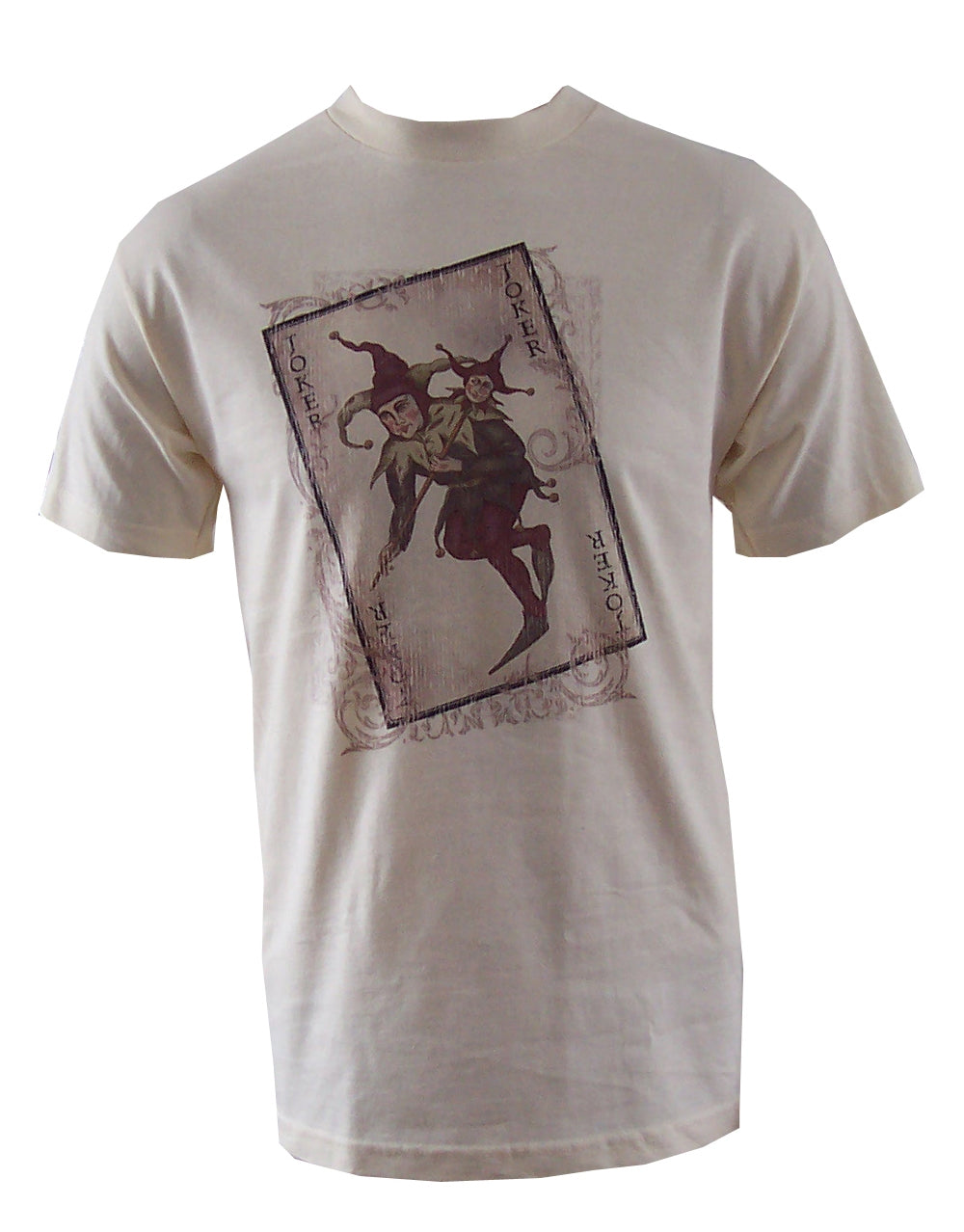 The Dark Knight artsy Joker card graphic on a cream adult t-shirt.