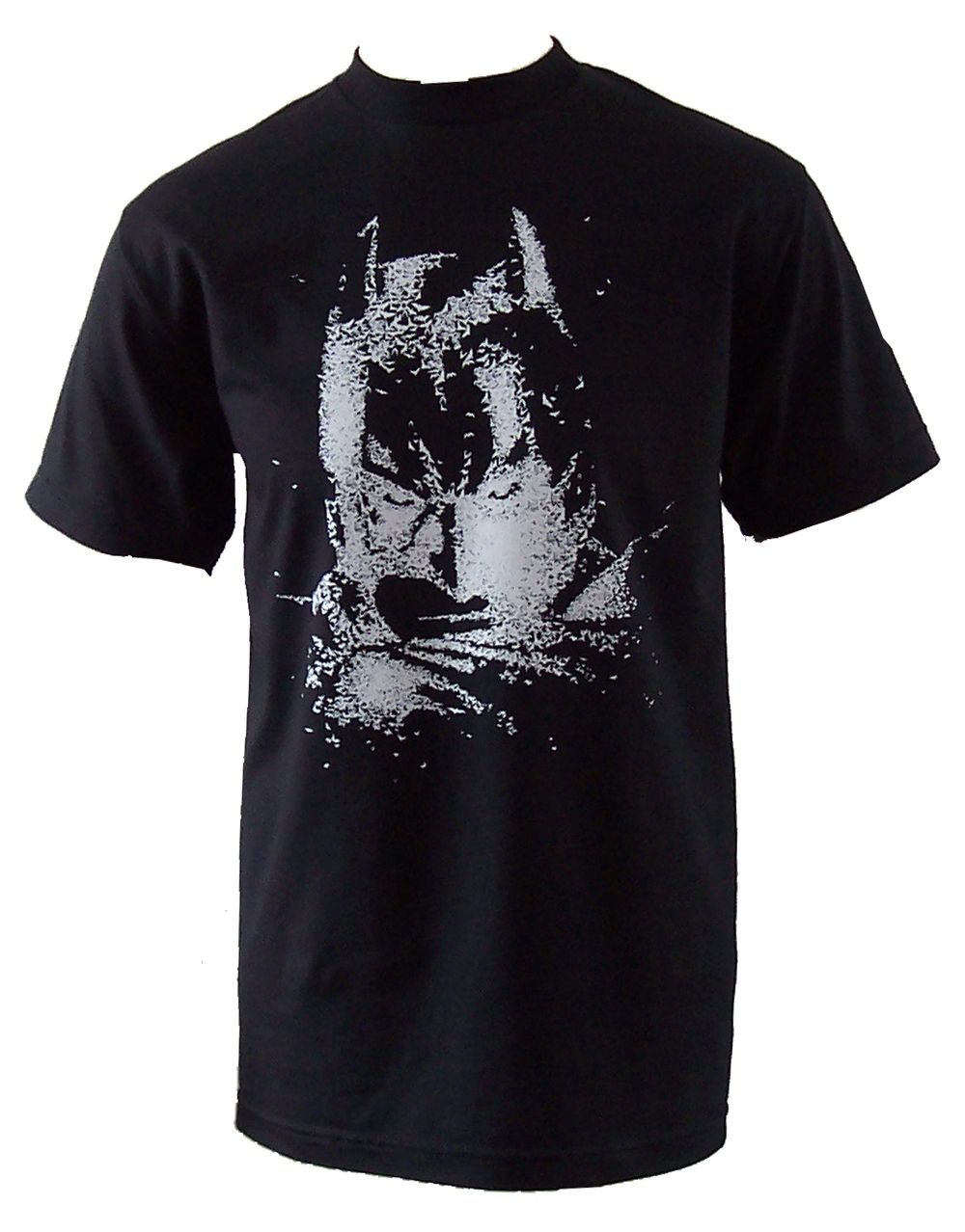 Dark Knight Batman bats head graphic on a black adult t-shirt.