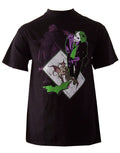 The Dark Knight wild joke card graphic on a black adult t-shirt.