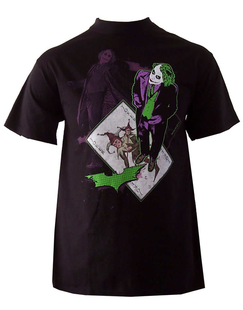 The Dark Knight wild joke card graphic on a black adult t-shirt.