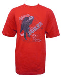 The Dark Knight unbalanced deck graphic on a red adult t-shirt.