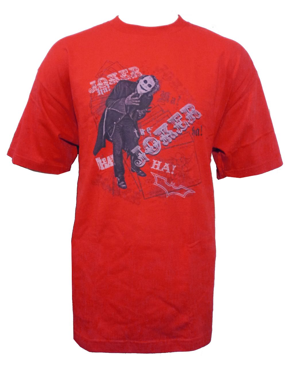 The Dark Knight unbalanced deck graphic on a red adult t-shirt.